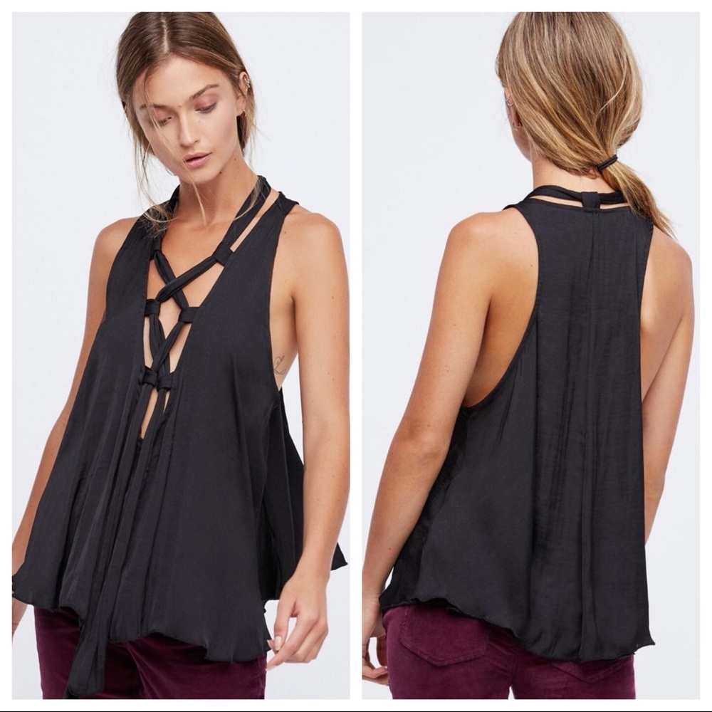 Free People Black Lace Up Here With Me Cami Top S